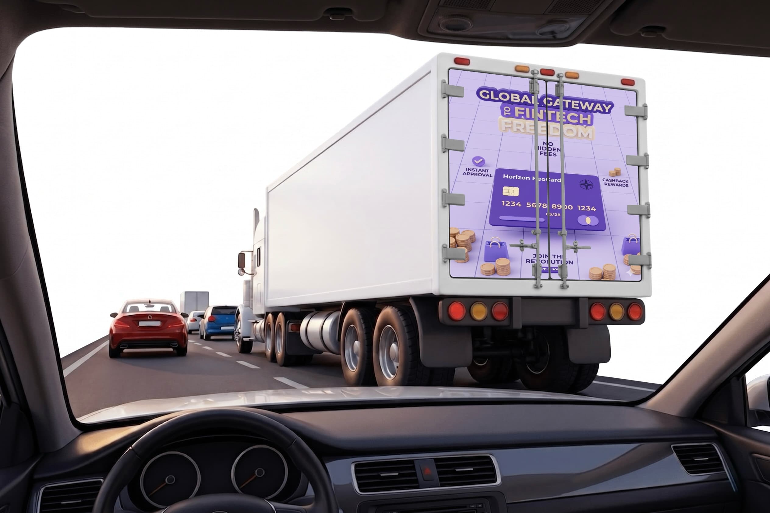Tráiler con wrap publicitario de fintech en corredor mexicano