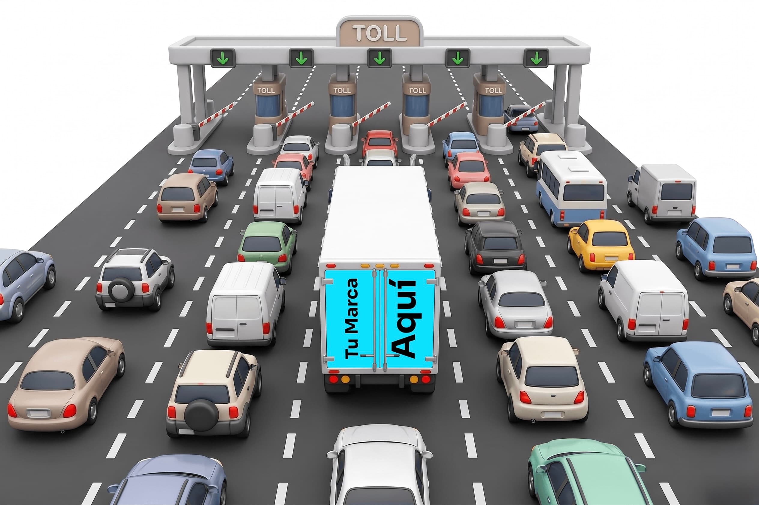 Tráiler con wrap publicitario Rodada en caseta de cobro entre autos